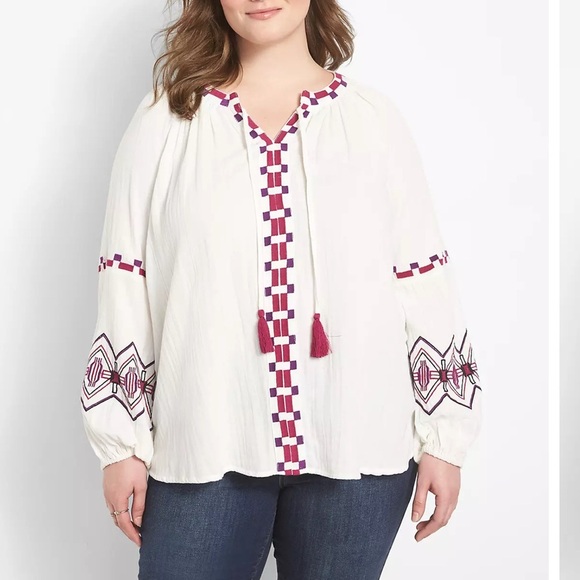 Lane Bryant Size 20 Classic Split-Neck Embroidered Peasant Blouse Long Sleeve - Picture 1 of 13